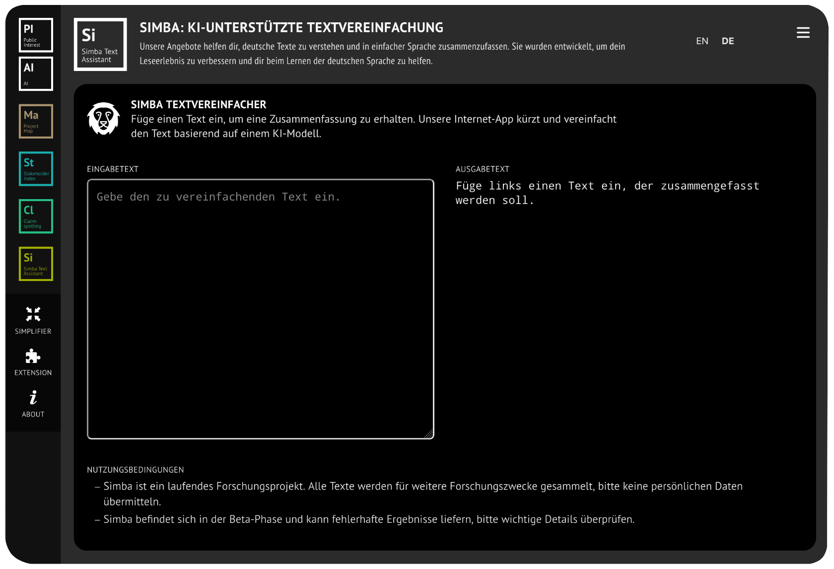 Die Eingabemaske des KI-Sprachmodells Simba.